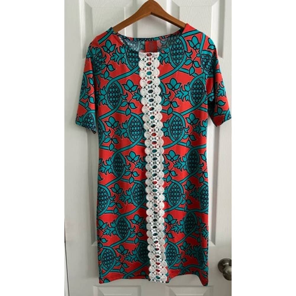 Tracy Negoshian Alina Burnt Orange and Blue Patterned A-Line Dress- Size S